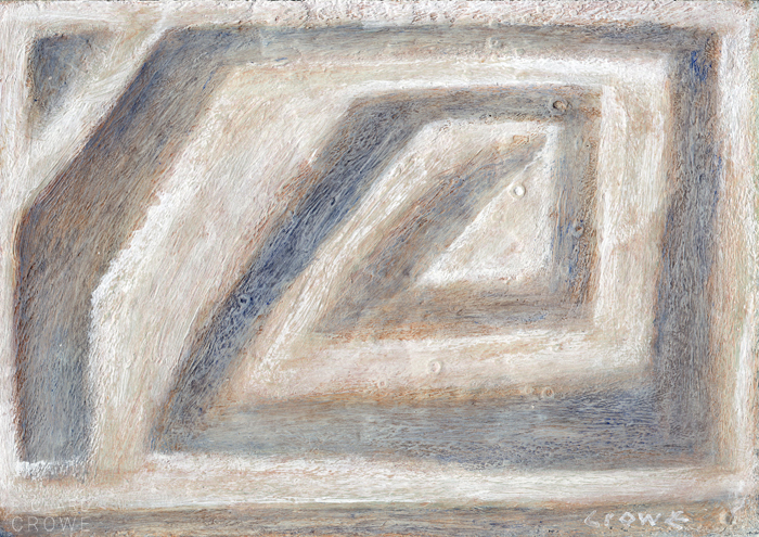 An abstract painting in soft warm tones, with a geometric spiral pattern.