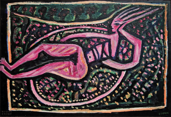 A painting of a goddess lying on the ground, which is covered in pink and yellow flowers.