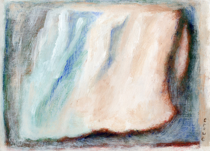 An abstract tonal painting in tones of blue, green and brown on cream, with attenuated, curving cloud-like forms.