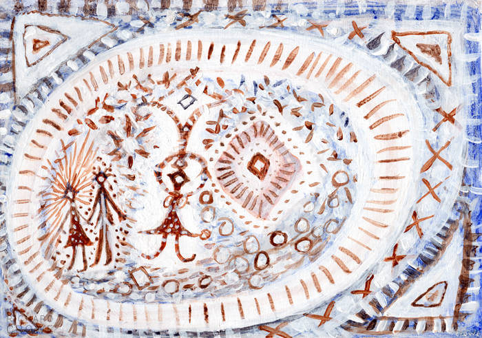 A painting of simplified figures surrounded by patterns. Two figures hold hands while another floats away.