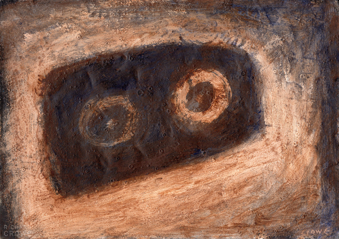 An abstract painting in warm tones depicting two sun symbols in a dark space.