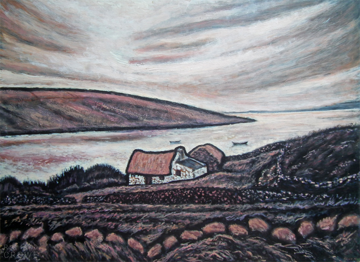 A landscape painting in shades of gold of a traditional thatched cottage beside the sea with fishing boats and island.