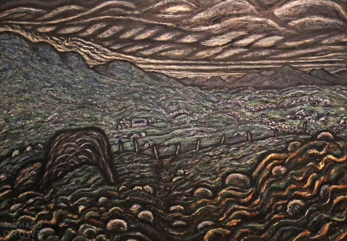 A landscape painting of a black sky with golden bands of cloud above mountains and small fields divided by dry stone walls