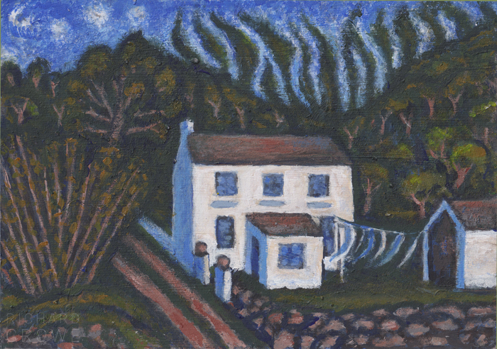 A landscape painting of a white cottage beside a track with a dark wooded hillside behind it