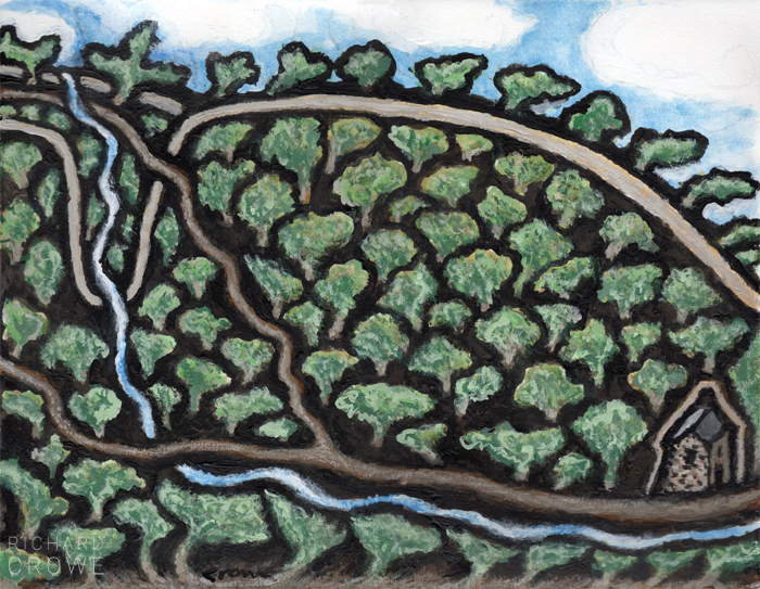 A landscape painting with simple shapes and broad outlines of a dark hillside covered in green trees under a blue sky